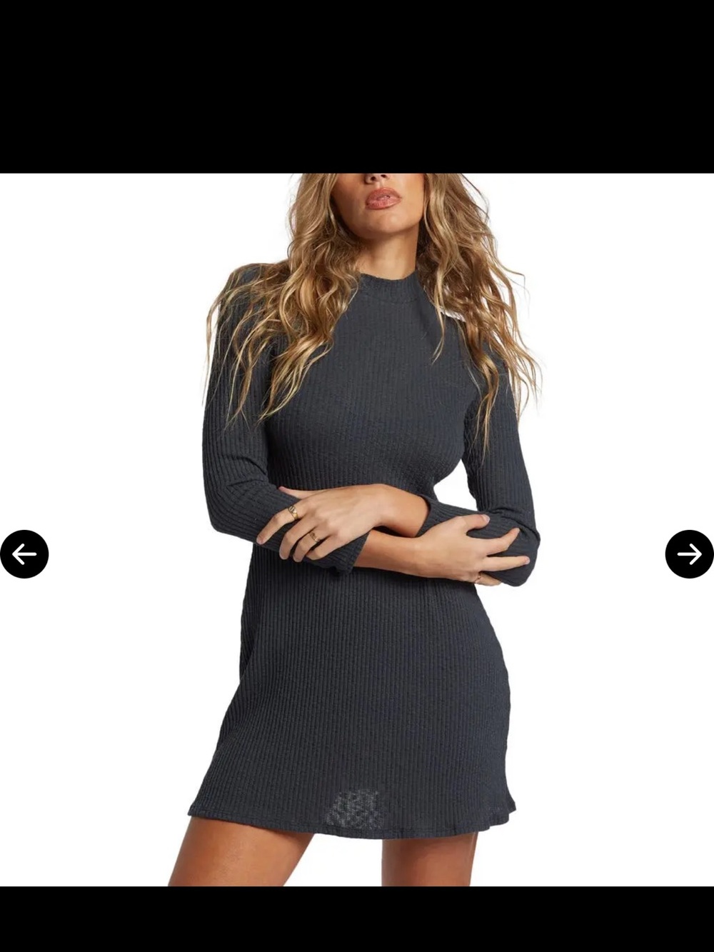 Ribbed Knit Long Sleeve Mini Dress - Charcoal Billabong